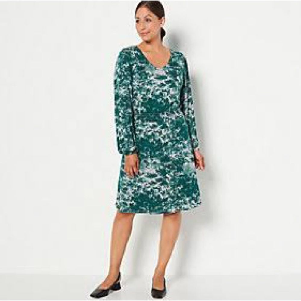 Jason WU Soft Knit Floral Midi Dress Long Sleeve Size XL V-Neck Women’s Green